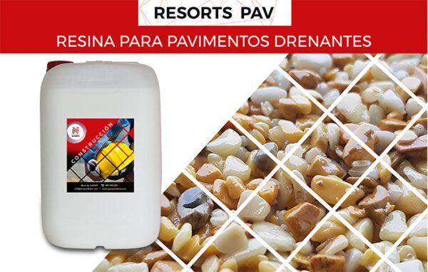 La resina para pavimentos drenantes RESORTS PAV es una resina aglomerante o fijador de triturados de mármol y todo tipo de áridos, de acabado semi-mate. Para la realización de pavimentos drenantes en jardines, alcorques, rotondas, etc.