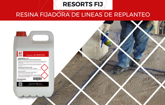 La resina fijadora de líneas de replanteo RESORTS FIJ deja una película transparente e impermeable al secar, ideal para la protección en obra de las alineaciones realizadas con tiralíneas azulete.