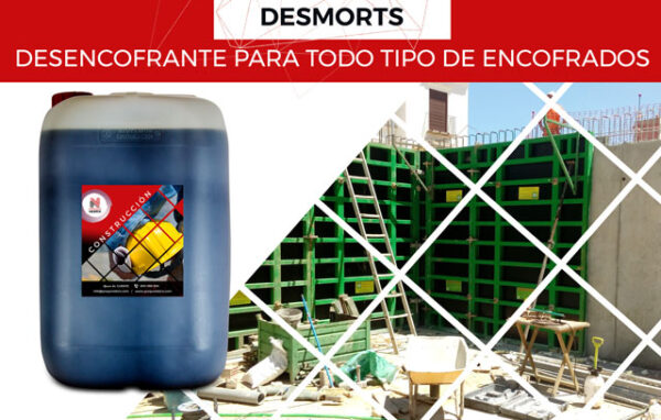 El desencofrante para todo tipo de encofrados DESMORTS es un producto líquido aplicable en moldes de madera o metálicos para el desmoldeo de todo tipo de hormigón, evita la adherencia del hormigón sobre los encofrados permitiendo obtener unas superficies lisas y exentas de manchas y desconchones.