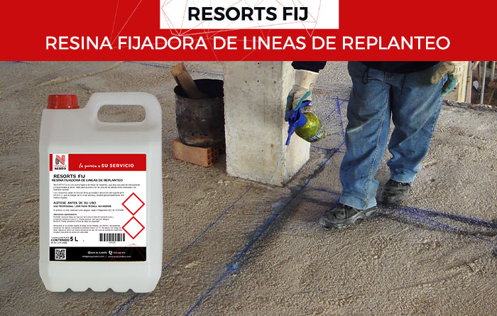 RESORTS FIJ es una resina fijadora de líneas de replanteo, que deja una película transparente e impermeable al secar, ideal para la protección en obra de las alineaciones realizadas con tiralíneas azulete.