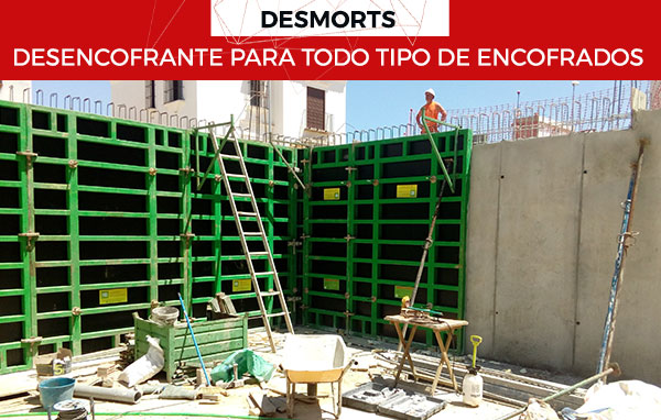 El desencofrante para todo tipo de encofrados DESMORTS es un producto líquido aplicable en moldes de madera o metálicos para el desmoldeo de todo tipo de hormigón, evita la adherencia del hormigón sobre los encofrados permitiendo obtener unas superficies lisas y exentas de manchas y desconchones.