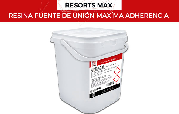 La resina puente de unión máxima adherencia con cargas minerales RESORTS MAX es una imprimación rugosa a base de resinas acuosas y cargas minerales, diseñado como puente de adherencia y unión para morteros base cemento u hormigón en soportes porosos o no porosos.